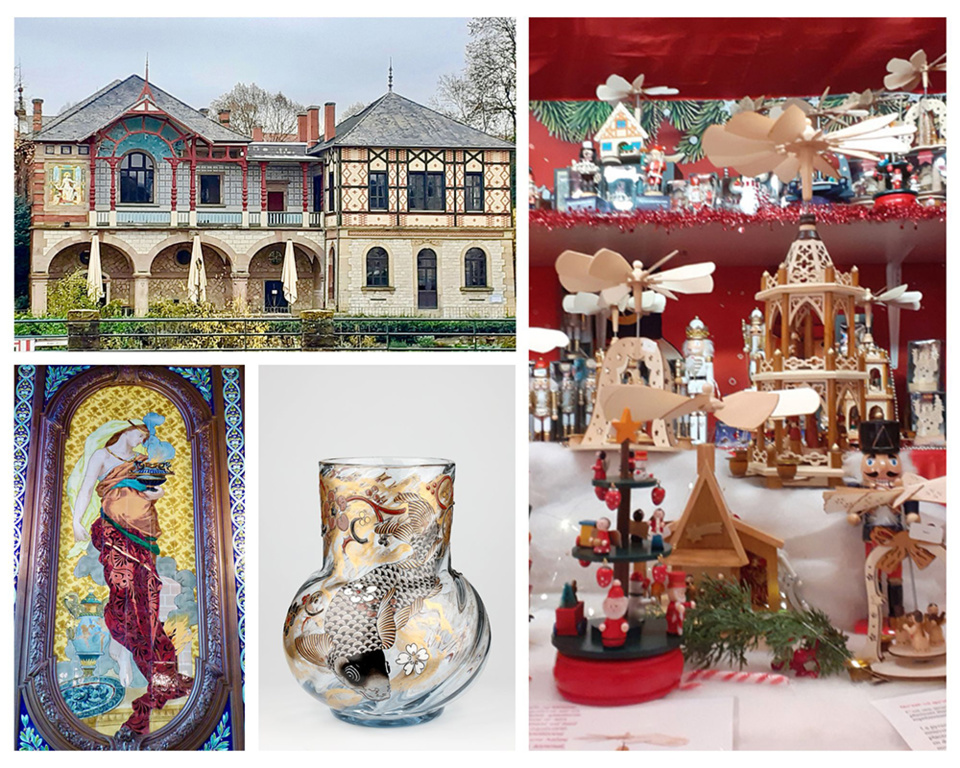 1/ Le bâtiment “Casino" construit par Paul de Geiger 2/ Allégorie du feu Art nouveau au musée de la Faïence 3/ Vase à la Carpe d'Emile Gallé au Site verrier de Meisenthal 4/ Dans les chalets finlandais... © Guy Rebmeister, Catherine Gary 1/ Le bâtiment “Casino" construit par Paul de Geiger 2/ Allégorie du feu Art nouveau au musée de la Faïence 3/ Vase à la Carpe d'Emile Gallé au Site verrier de Meisenthal 4/ Dans les chalets finlandais... © Guy Rebmeister, Catherine Gary