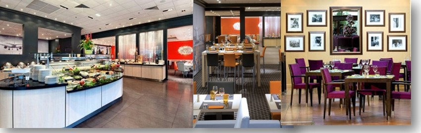 De gauche à droite : restaurant avec buffet à volonté ou formule à la carte ; salle de restaurant design : la très conviviale salle du bar. (Crédit photos DR)
