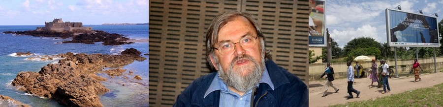 De gauche à droite : Vue du fort National de Saint-Malo; (© David Raynal) ; Michel Le Bris le fondateur et actuel directeur du festival malouin "Etonnants Voyageurs" (© David Raynal)qui en 25 ans a su se projeter aux quatre coins du monde et notamment jusqu'à Bamako (Mali) ((© Etonnants Voyageurs Bamako))