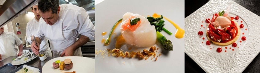 De gauche à droite : 1/ Jérôme Nutile finalise un plat gourmand ; 2/Dos de cabilllaud à l'infusion de pamplemousse, asperges vertes à l'emulsion de cardamome; 3/ comme une tarte aux fraises de pays, crème glacée fraises tagada. ©PCros. De gauche à droite : 1/ Jérôme Nutile finalise un plat gourmand ; 2/Dos de cabilllaud à l'infusion de pamplemousse, asperges vertes à l'emulsion de cardamome; 3/ comme une tarte aux fraises de pays, crème glacée fraises tagada. ©PCros.