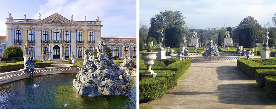 Palais royal de Queluz côté jardins et les jardins à la française  © Catherine Gary