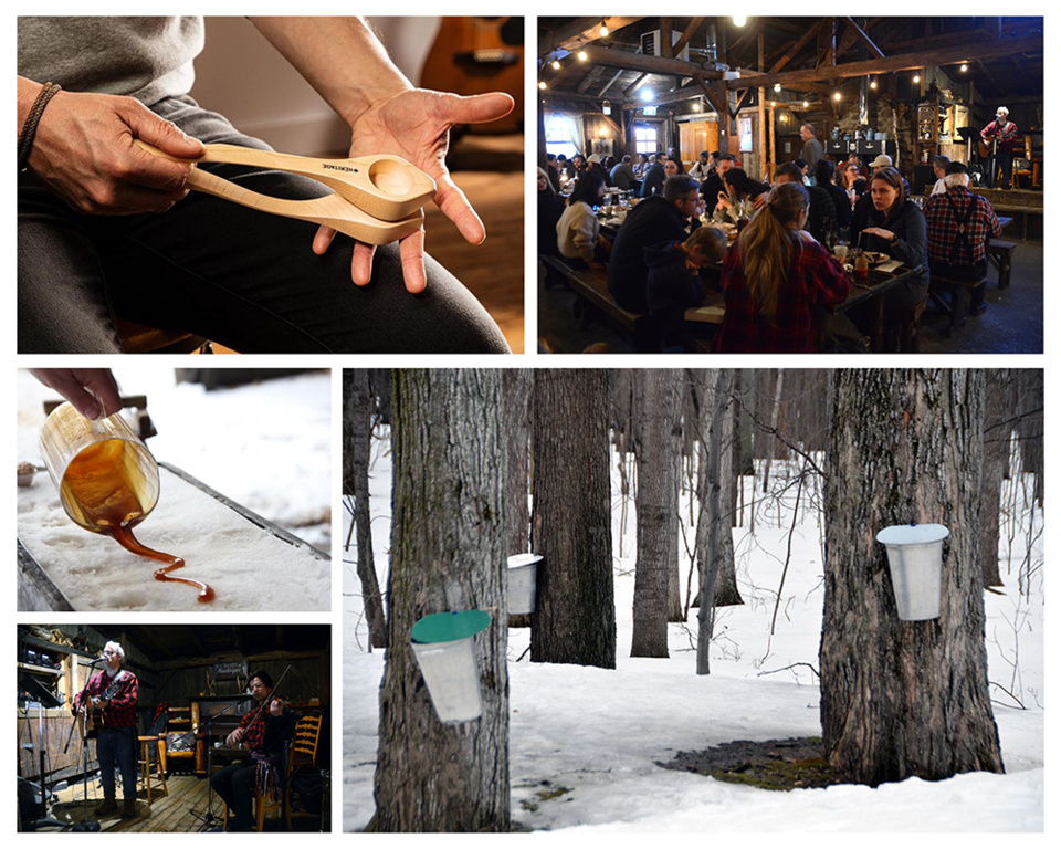 Les « boite-à-bois », les cuillères musicales québécoises, tire d'érable sur la neige, recolte de l'eau d'érable, musique folk traditionnelle, inspirée des premiers colons, français, écossais ou irlandais @ Musical spoons, Sucrerie de la Montagne, David Raynal.