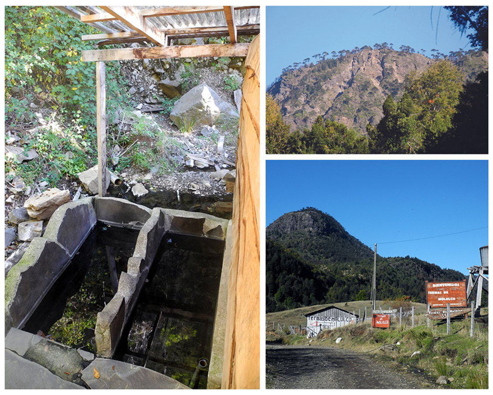 1/ Thermes rustiques de Molulco 2/ Sur la crête, les araucarias, les grands mères curieuses 3/ Vue des Thermes de Molulco @ Claude Vautrin