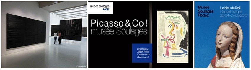 De gauche à droite : « Outrenoirs en Europe » l’exposition temporaire inaugurale ; « De Picasso à Jasper Johns. L’atelier d’Aldo Crommelynck » l'affiche témoigne de cette exposition décrochée en mars 2015; Affiche de l'exposition de l'artiste Claude Lévêque " Le Bleu de l’œil " (Crédit photos 1/ Yann Menguy/2 et 3/ DR) De gauche à droite : « Outrenoirs en Europe » l’exposition temporaire inaugurale ; « De Picasso à Jasper Johns. L’atelier d’Aldo Crommelynck » l'affiche témoigne de cette exposition décrochée en mars 2015; Affiche de l'exposition de l'artiste Claude Lévêque " Le Bleu de l’œil " (Crédit photos 1/ Yann Menguy/2 et 3/ DR)