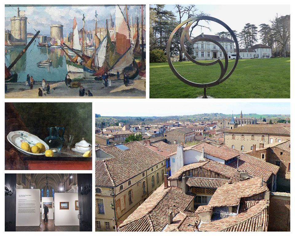 1/Gaston Balande Bateaux pavoisés  à La Rochelle “Visions plurielles“ au musée du Pays de Cocagne à Lavaur 2/Le domaine du Carla et son parc dédié à l'accueil des partenaires du Groupe 3/ Nature morte AnonymeCollection Pierre Fabre au musée Goya 4/ Exposition “Visions Plurielles“ dans la chapelle du musée de Lavaur  5/ Le cœur ancien de Lavaur vu de la tour de la cathédrale   © Vincent Boutin - Musée du Pays de Cocagne - Catherine Gary