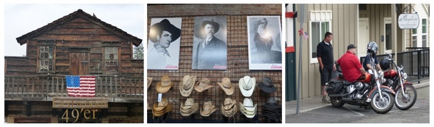 Mariposa offre une ambiance Far West  © Catherine Gary ; Panoplie des bottes et chapeaux de cow-boys en magasin et quelques bikers font une pause. © Catherine Gary