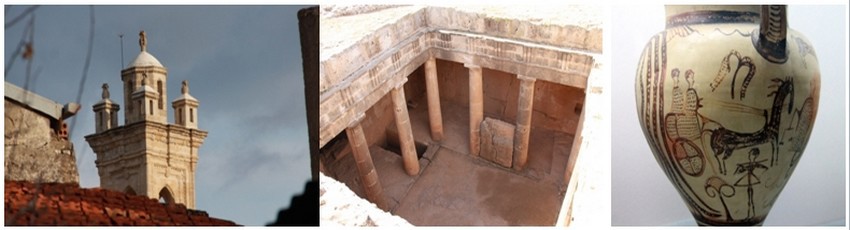 De gauche à droite : Minaret Omodos  © P. Cros ;Tombeau des rois-Paphos © P. Cros;  Une oeuvre antique à voir Musee archeologique Chypre   © P. Cros