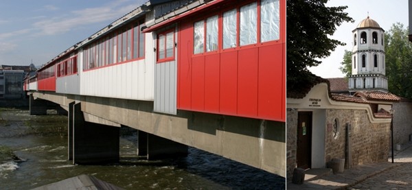 De gauche à droite : Un pont Galerie Commerciale sur la Maritsa et l'Hôtel Novotel, une   position stratégique au Coeur de la Ville sur les bords de la Maritsa  © Richard Bayon; Entrée du Musée des Antiquités. © visit.plovdiv.com