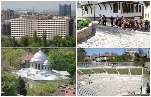 En haut et de gauche à droite : Hôtel Novotel situé au Centre de Plovdiv; Toujours dans la Vieille Ville Ottomane de Plovdiv  Folklore et   Ruelles étroites dans la Ville Haute ; En bas de gauche à droite :  Eglise Byzantine ; Vue d'un autre angle sur le Théâtre Antique de Plovdiv. © www.bulgariatravel.com