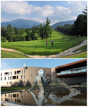 De haut en bas : Le club de golf Prosper : bien-être et golf sous les Beskydy ;  Hôtel Miura à Čeladná en Moravie   ©  www.czechtourism.com/fr