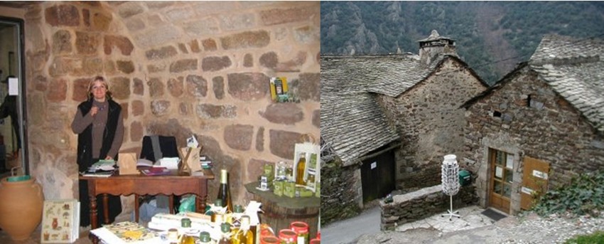 1/ Dominique Vincent, un enfant du pays a remis en activité un moulin à huile. Dans sa boutique, huile d’olive, tapenade voisinent avec les produits cosmétiques naturels élaborés par sa femme. © DR ;  2/  la Maison du Gerboul, une bâtisse à l’entrée du village propriété du Parc naturel régional des Monts d’Ardèche. © DR