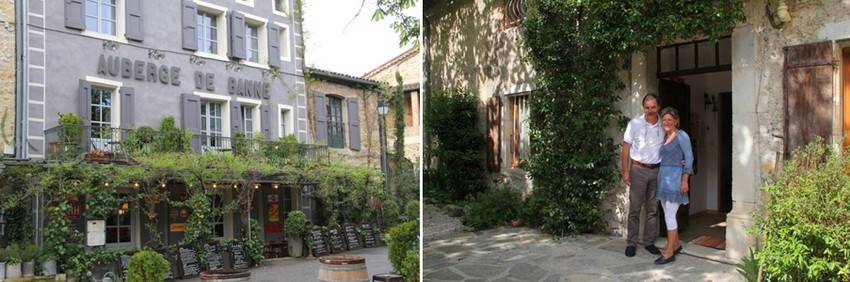 1/  Auberge de Banne, un bistro de pays des années 30 ou 50, un tantinet parisien, avec banquettes en moleskine rouge, reproductions de plaques émaillées de spiritueux.  © André Degon; 2/ Martine et Laurent les propriétaires de la : Maison d’hôtes Le Moulinage   © André Degon