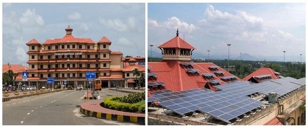 Aéroport International de Cochin (Inde) , à droite détail, sur le toit de l'immeuble aéroportuaire solaire, de l'installation des plaques photovoltaïques (Crédit photos DR)