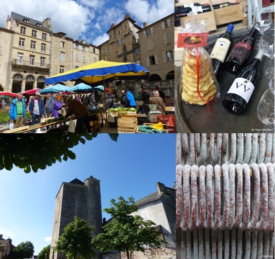 1/ En haut à gauche : Marché de Villefranche de Rouergue ; 2/ Gâteau à la broche et vins de l'Aveyron ; 3/ Bas à gauche : Une vue de Villeneuve d'Aveyron ; 4/ Spécialité de charcuterie aveyronnaise ;  (© Yann Menguy)