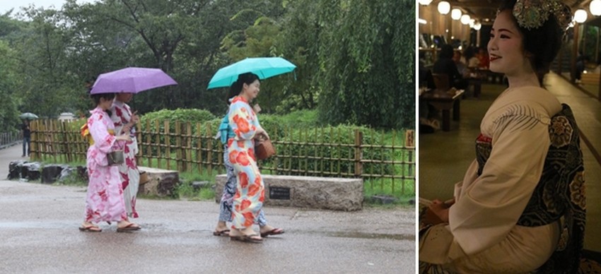 1/ touristes taiwanaises et chinoises  en habits traditionnels  dont l’origine remonte au XVIIIe siècle.; 2/  maikos (apprenties gheisas) et geishas que le hasard permet parfois d’entrevoir au coin d’une rue du quartier de Gion.© Mathis Cros