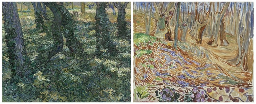©  “Sous bois“ de Vincent van Gogh, 1889. Van Gogh Museum, Amsterdam. “Printemps dans la forêt d’ormes“ de Edvard Munch,1923. Musée Munch, Oslo