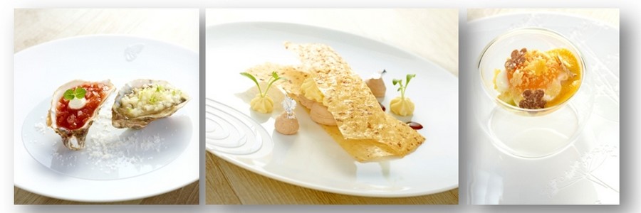 De gauche à droite : Huîtres creuses « perles noires » Cadoret, poire comices au yuzu et condiments à la diable ; Fines feuilles parfumées à la fève de tonka, mousse à la vanille de Tahiti et crème de Mont-Blanc ; Œuf de poule nacré, oignons nouveaux, aigre-doux de carottes, bianchetta et crumble parmesan; © DR De gauche à droite : Huîtres creuses « perles noires » Cadoret, poire comices au yuzu et condiments à la diable ; Fines feuilles parfumées à la fève de tonka, mousse à la vanille de Tahiti et crème de Mont-Blanc ; Œuf de poule nacré, oignons nouveaux, aigre-doux de carottes, bianchetta et crumble parmesan; © DR