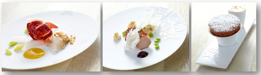 De gauche à droite : Homard Breton et foie gras de canard, poireaux au naturel, Pulpe de kumquat et pickles de navets ; Agneau de lait « façon pré-salé », jus cerises, tourteaux, riz et petit pois « téléphone »; Mousse au chocolat soufflé. © DR De gauche à droite : Homard Breton et foie gras de canard, poireaux au naturel, Pulpe de kumquat et pickles de navets ; Agneau de lait « façon pré-salé », jus cerises, tourteaux, riz et petit pois « téléphone »; Mousse au chocolat soufflé. © DR
