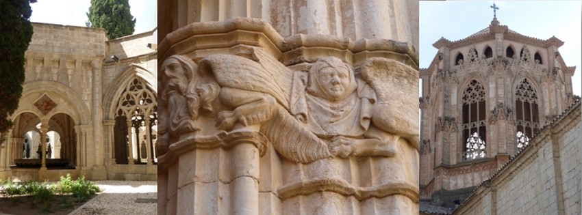 Une partie du Cloître de Poblet  © Catherine Gary ; Détail des Châpiteaux Santa Creus © Catherine Gary  ; La tour à baldaquin de Poblet rivalise d'élégance avec celle de Vallbona © Catherine Gary