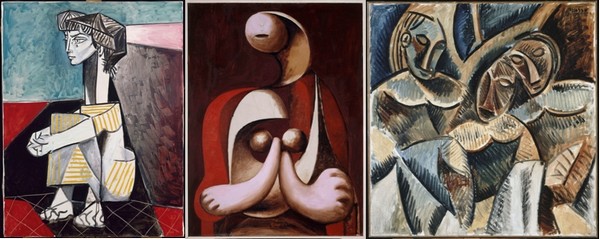 Jaqueline aux mains croisées, juin 1954, huile sur toile, RMN-GP/Jean Gilles Berizzi;Femme assise dans un fauteuil rouge, 1932, huile sur toile, RMN-GP/René-Gabriel Ojéda;Trois figures sous un arbre, 1907-1908, huile sur toile,Succession Picasso