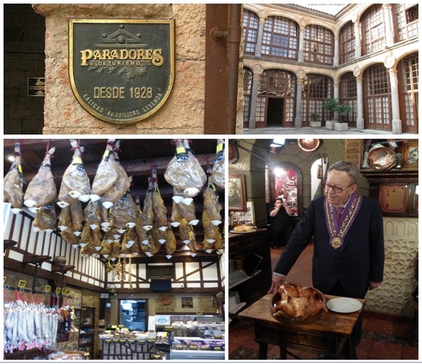 En haut : Les paradors, le top des hébergements de tourisme en Espagne © DR; En bas à gauche : Les jambons ibériques à la portée des nombreux touristes © Catherine Gary; Au pied de l’aqueduc on sacrifie avec délice au fameux rituel du cochon de lait rôti dans la braise au Méson de Candido, le restaurant emblématique de la ville. Découpé par le chef en costume traditionnel . © Catherine Gary En haut : Les paradors, le top des hébergements de tourisme en Espagne © DR; En bas à gauche : Les jambons ibériques à la portée des nombreux touristes © Catherine Gary; Au pied de l’aqueduc on sacrifie avec délice au fameux rituel du cochon de lait rôti dans la braise au Méson de Candido, le restaurant emblématique de la ville. Découpé par le chef en costume traditionnel . © Catherine Gary