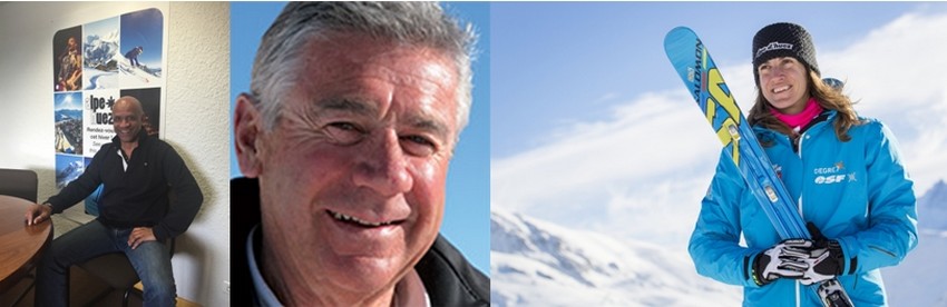 Tous, de François Bajily (directeur des Alpe d'Huez Tourisme) à Christian Reverbet (Directeur du Service des pistes) sans oublier Ophélie David, championne de ski-cross, abordent, le sourire aux lèvres, le coup d'envoi de la saison 2015 de la Station d'Alpe d'Huez.  © L.Salino