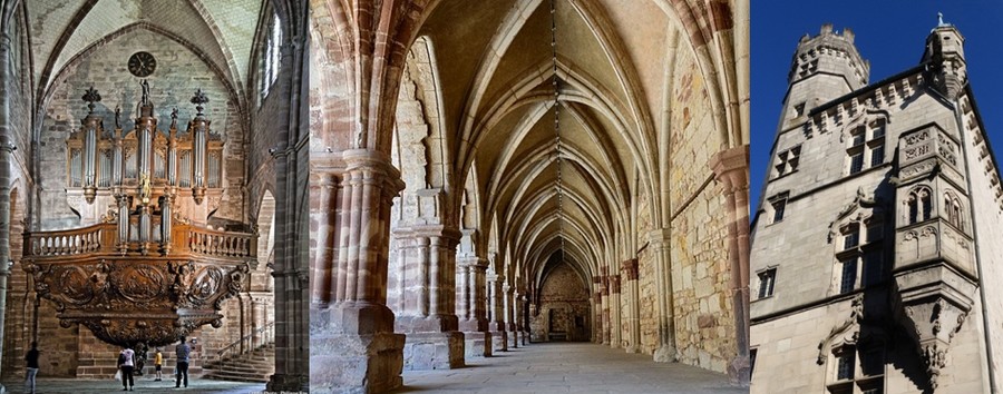 Dans la basilique Saint-Pierre de Luxeuil le buffet du grand orgue justifie à lui seul la visite avec ses trois panneaux sculptés dans le chêne et sa gigantesque feuille d’acanthe supportée par un Atlas   © Catherine Gary ;  Le cloître  et ses galeries médiévales à la sobriété cistercienne ayant été supprimé pour l’ouvrir sur la rue et accueillir un marché couvert  © Catherine Gary ; La tour de gué des Echevins d'où on peut survoler la ville. © Catherine Gary