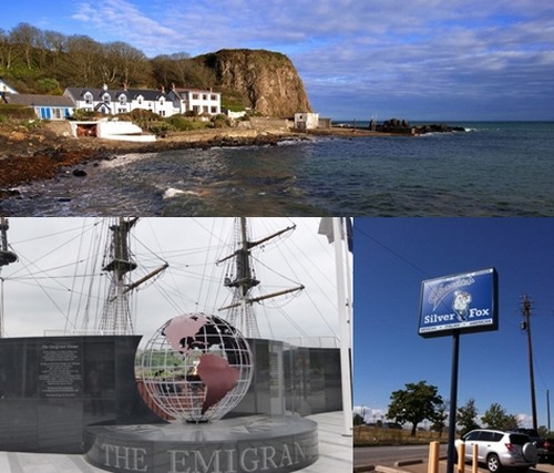 En haut, vue d'un joli petit village du Sud-est de l'Irlande © DR; en bas à gauche : Mémorial pour le émigrants à New Ross © Catherine GaryC.G ;  Enseigne du restaurant Silver Fox à Kilmore Quay © DR