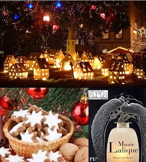 En haut :  Très belle photo représentant les lumières de Noël dans une petite ville alsacienne  © DR ; Dessert traditionnel alsacien pour les fêtes : les étoiles à la cannelle ou Zimtsterne (Bredele ou gâteaux de Noël )  © DR ; Affiche de l'exposition qui se déroule pour les fêtes au Musée Lalique à Wingen sur Moder. (Saverne)  © DR