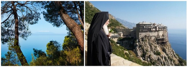 La mer Egée, au loin le mont Olympe © visitgreece.gr. ; le Mont Athos est à la chrétienté orthodoxe ce qu’est le Vatican à l’église catholique. © www.visit-halkidiki.gr