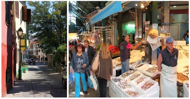 Ruelle près du centre de Thessalonique ©  André Degon ; Le  célèbre marché Kapani toujours très fréquenté. ©  André Degon