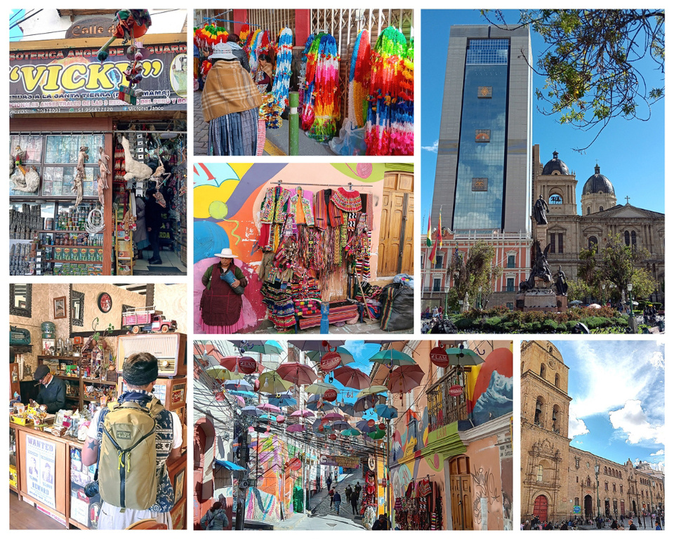 La Paz de gauche à droite/ Le marché des sorcières / Calle Jaén, le bar musée/ Avenue Illampu /Rue Linares / Place Murillo Le Palais présidentiel / L’église san Francisco  © Claude Vautrin. La Paz de gauche à droite/ Le marché des sorcières / Calle Jaén, le bar musée/ Avenue Illampu /Rue Linares / Place Murillo Le Palais présidentiel / L’église san Francisco  © Claude Vautrin.
