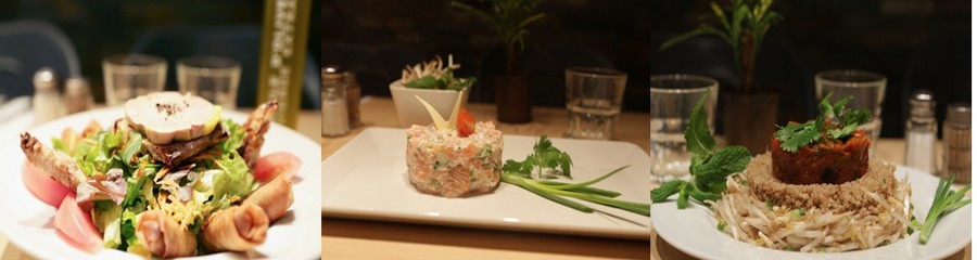1/ Salade du Chef Nil ; 2/Tartare de saumon au gingembre ; 3/ Chaud- froid ratatouille et quinoa ©LESPICYHOMEPARIS 1/ Salade du Chef Nil ; 2/Tartare de saumon au gingembre ; 3/ Chaud- froid ratatouille et quinoa ©LESPICYHOMEPARIS