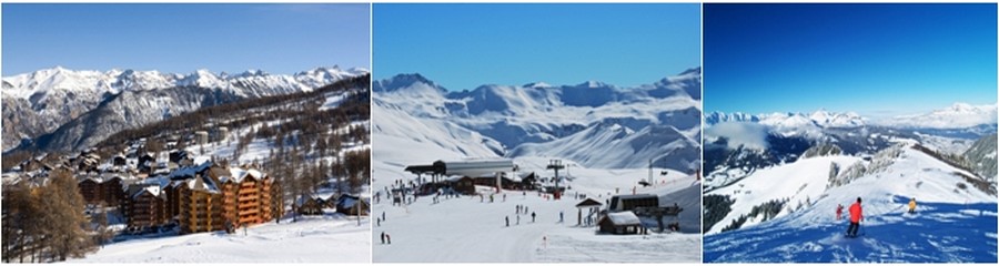 De gauche à droite : Le domaine de Risoul dans les Hautes-Alpes. ©Labellemontagne.;  Le plateau du Rocherousse à Orcières. ©Labellemontagne.; La station de Praz-sur-Arly sur l’Espace Diamant. ©Labellemontagne.