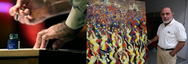 "Mon travail est un travail graphique au pinceau et à l’encre de chine." © David Raynal ; "Grâce à une résidence d’un mois à la bibliothèque de Salvador de Bahia j’ai pu réaliser mes grandes toiles (1m70 X 1m70) et mes fresques ". © David Raynal "Mon travail est un travail graphique au pinceau et à l’encre de chine." © David Raynal ; "Grâce à une résidence d’un mois à la bibliothèque de Salvador de Bahia j’ai pu réaliser mes grandes toiles (1m70 X 1m70) et mes fresques ". © David Raynal