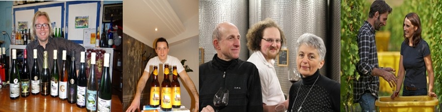 Tout un panel de vins mosellans du « Domaine Buzea Georges-Constantin » sera également en vente à La Rotonde. ©Bertrand Munier ; Valentin Hoffner de l’unité brassicole La Madelon… un des leaderships de la micro-brasserie hexagonale satisfera les puristes de la bière au stand des Dîners Insolites. ©Bertrand Munier ; Le Domaine Schoenheitz est une exploitation familiale à Wihr-au-Val (Haut-Rhin) de 15 hectares qui est exploité par… de gauche à droite : Henri, Adrien et Dominique. ©Domaine Schoenheitz  ; Philippe Zinck et son épouse Pascale ou la complicité permanente des excellents vins alsaciens du domaine éponyme à Eguisheim (Haut-Rhin) ©Domaine Zinck