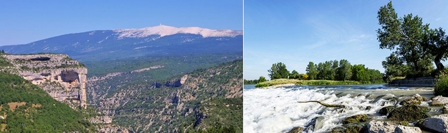 De gauche à droite : le majestueux Ventoux à un jet de pierres des vins de Rasteau, qui culmine à 1909m. © gwelove.provence.fr  ; Le Nord Vaucluse est jalonné de beaux villages fortifiés et perchés, de rivières fougueuses comme l’Ouvèze. © gwelove.provence.fr