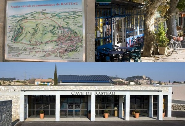 1/ Plan des sentiers viticoles de la région de Rasteau  © Richard Bayon ; Une très jolie vitrine d'un bar-restaurant situé sur la place du charmant village; Bâtiment de la cave du Rasteau.  © Office de tourisme Rasteau