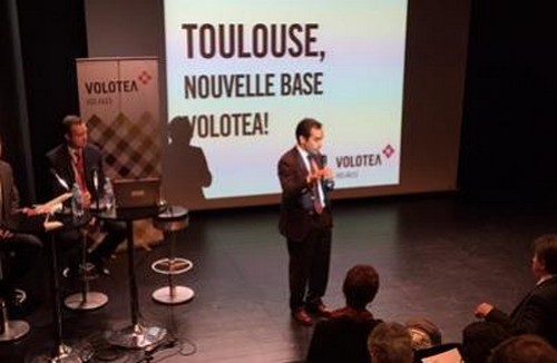 Carlos Munoz , Président Directeur Général  de la Cie aérienne Volotea  en conférence de presse lors de l'ouverture de la ligne à Toulouse © Toulouse7.com