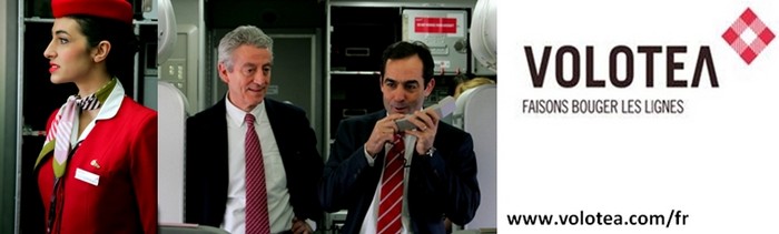 De gauche à droite : Hôtesse en uniforme de Volotea © Loïck Ducrey; Lazaro Ros (à gauche), Directeur Général Carlos Munoz (à droite), Président Directeur Général  tout deux co-fondateurs de la Compagnie aérienne Volotea.© Loïck Ducrey