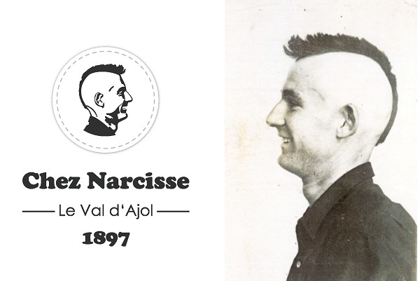 Le logo de l’établissement en mémoire de Narcisse Collot. ©Bertrand Munier; Suite à un pari osé pour son époque, Narcisse Collot fut un précurseur avant l’heure avec sa coupe de cheveux. ©Famille Collot