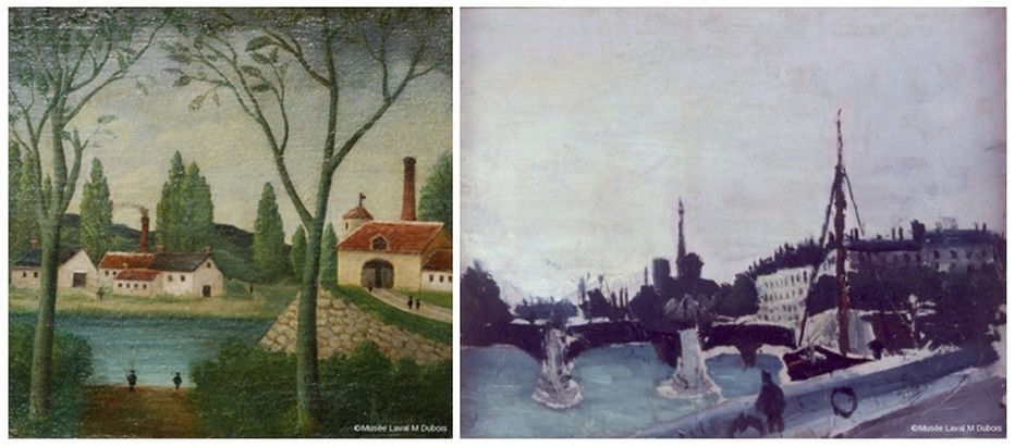 Deux des trois oeuvres du "Douanier Rousseau acquises par la ville de Laval : 1/ Paysage (Henri Rousseau. Coll. Musée d'Art Naïf et des Arts Singuliers, Laval - © Ville de Laval - Marine Dubois) 2/ Vue Ile Saint Louis depuis le quai Henri IV (Henri Rousseau-Coll. Musée d'Art Naïf et des Arts Singuliers, Laval - © Ville de Laval - Marine Dubois). Deux des trois oeuvres du "Douanier Rousseau acquises par la ville de Laval : 1/ Paysage (Henri Rousseau. Coll. Musée d'Art Naïf et des Arts Singuliers, Laval - © Ville de Laval - Marine Dubois) 2/ Vue Ile Saint Louis depuis le quai Henri IV (Henri Rousseau-Coll. Musée d'Art Naïf et des Arts Singuliers, Laval - © Ville de Laval - Marine Dubois).