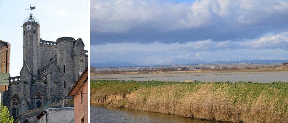De gauche à droite : sur les hauteurs de Capestang, village annoncé par l'imposante collégiale Saint-Etienne. © David Raynal ; Le canal domine une large plaine dont un ancien étang appelé « étang de Capestang » en partie sur la commune de Montels; © Capestang.fr De gauche à droite : sur les hauteurs de Capestang, village annoncé par l'imposante collégiale Saint-Etienne. © David Raynal ; Le canal domine une large plaine dont un ancien étang appelé « étang de Capestang » en partie sur la commune de Montels; © Capestang.fr