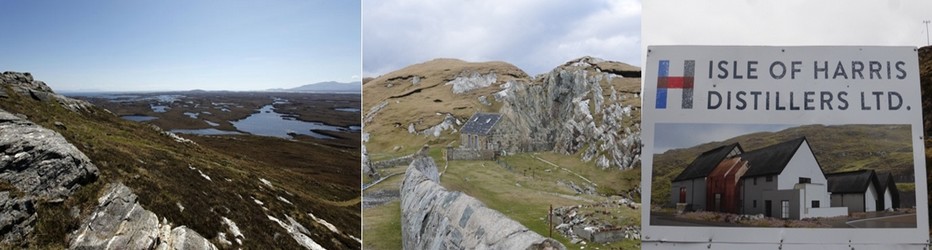 1 et 2/ Des landes rases qui s'enflamment au crépuscule © C.Gary ; 3/  Social Distillery de Tarbet, une noble institution locale qui a ouvert ses portes l’année dernière sous l’impulsion de Anderson Bakewell .© C.Gary