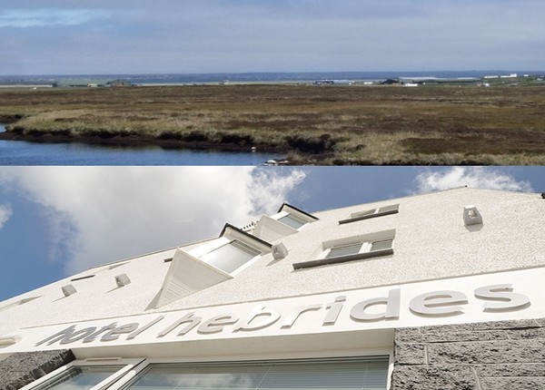 1/ en haut : vue sur l'aéroport de Stornoway © visitscotland.com ; Façade de l' Hôtel Hebrides, Ile de Harris.© Hôtel Hébrides