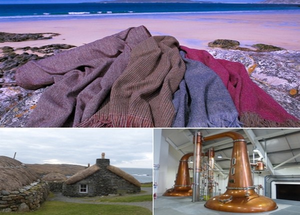 1/  Harris Tweed a de nouveau le vent en poupe avec sa multitude de couleurs vives, chaudes ou chatoyantes © visitscotland.com ; 2/ Garenin, le villages des Blackhouses © C.Gary ; 3/ Social Distillery de Tarbet © C.Gary