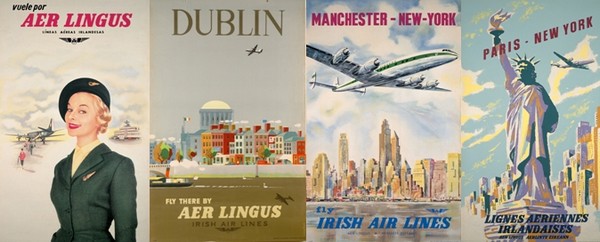 Quelques unes des affiches qui ont marqué l'évolution au cours des années les trajets  d'Aer Lingus. © Archives Aer Lingus