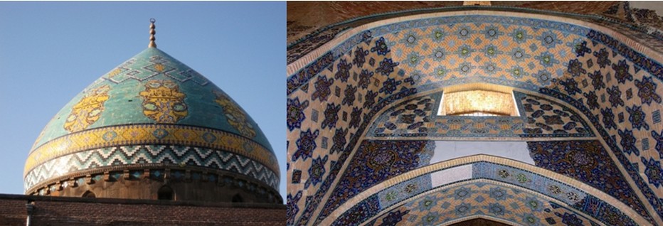 Le magnifique dôme de la Mosquée Bleue ou Masjed-e kaboud et le détail des mosaïques : cette mosquée a été construite par un souverain turc des Moutons Noirs, Djahân Shâh (1439-67). Terminée en 1465, la mosquée bleue se visite en particulier pour son décor en mosaïque de céramique émaillée, l’un des plus beaux de l’art islamique iranien © Galerie Iran Le magnifique dôme de la Mosquée Bleue ou Masjed-e kaboud et le détail des mosaïques : cette mosquée a été construite par un souverain turc des Moutons Noirs, Djahân Shâh (1439-67). Terminée en 1465, la mosquée bleue se visite en particulier pour son décor en mosaïque de céramique émaillée, l’un des plus beaux de l’art islamique iranien © Galerie Iran