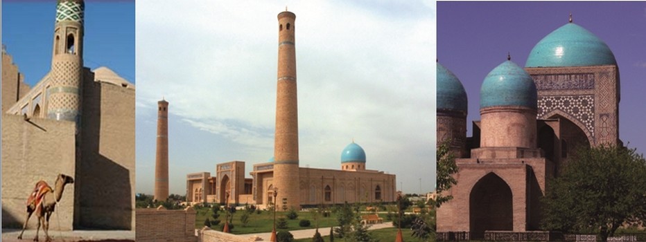 De gauche à droite : Khiva le centre religieux et intellectuel de Boukhara où vécurent quelques-uns des plus grands savants de l’Islam © lesbourlingueurs.com;Tachkent l’actuelle capitale de la République d’Ouzbékistan, autrefois l’une des étapes les plus glorieuses et commerciales de la Route de la soie.© Mondo Terra ; Centre historique de shakhrisabz avec le complexe Dorut Tilavat et la mosquée Kok Gumbaz; © Mondo Terra