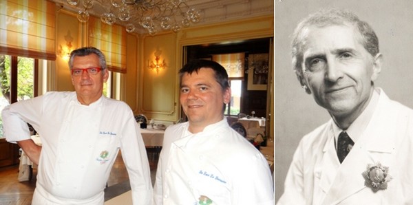 De gauche à droite : Les deux chefs étoilés et maîtres cuisiniers de France : Claudy Obriot et Stéphane Ringer. ©Bertrand Munier ;  Le chef étoilé Hubert Cleuvenot (1917-2012) ©Michel et Christine Marion